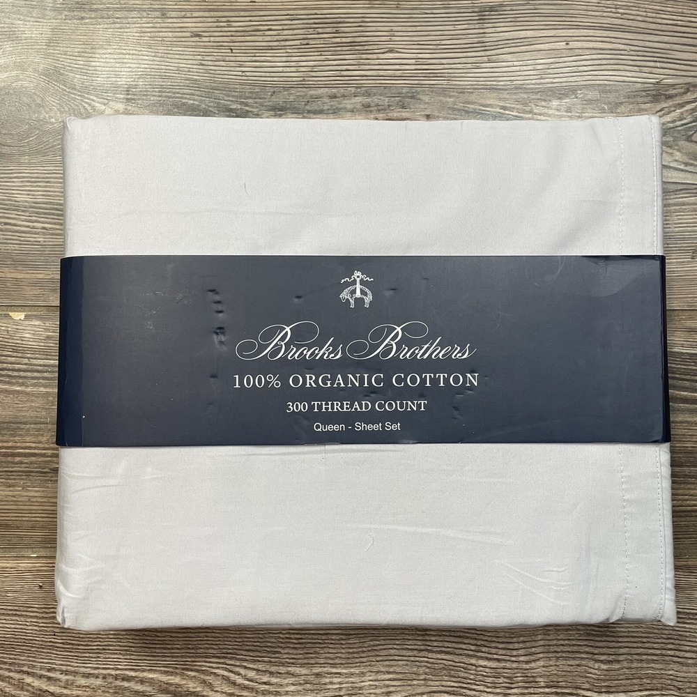 BROOKS BROTHERS Organic Cotton 300 Thread Count Gray 4PC QUEEN Sheet Set NWT‎